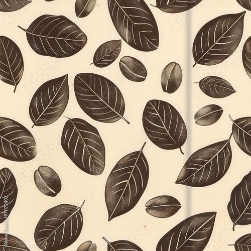 Seamless Coffee Cup Pattern with Coffee Beans and Plant Leaves

