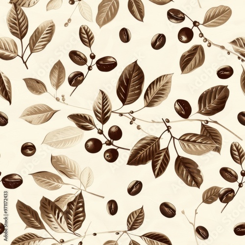 Seamless Coffee Cup Pattern with Coffee Beans and Plant Leaves

