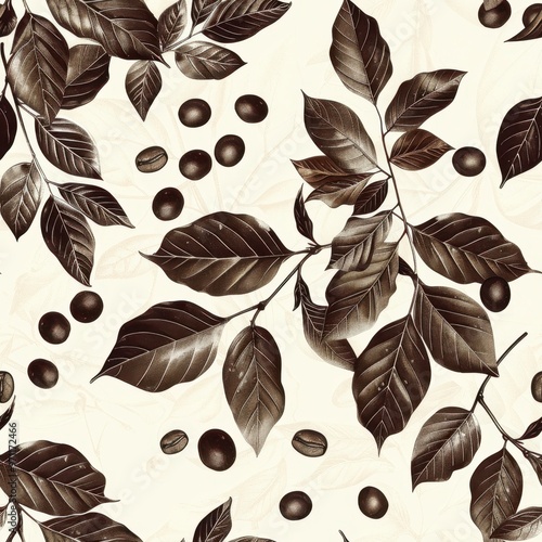 Seamless Coffee Cup Pattern with Coffee Beans and Plant Leaves

