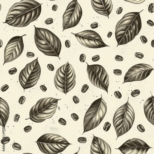 Seamless Coffee Cup Pattern with Coffee Beans and Plant Leaves

