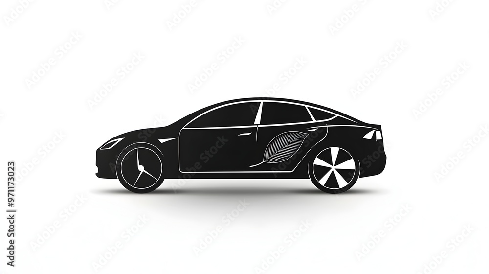 Fototapeta premium Sleek Electric Car with Leaf Design on White Background,Sustainable Transportation Concept
