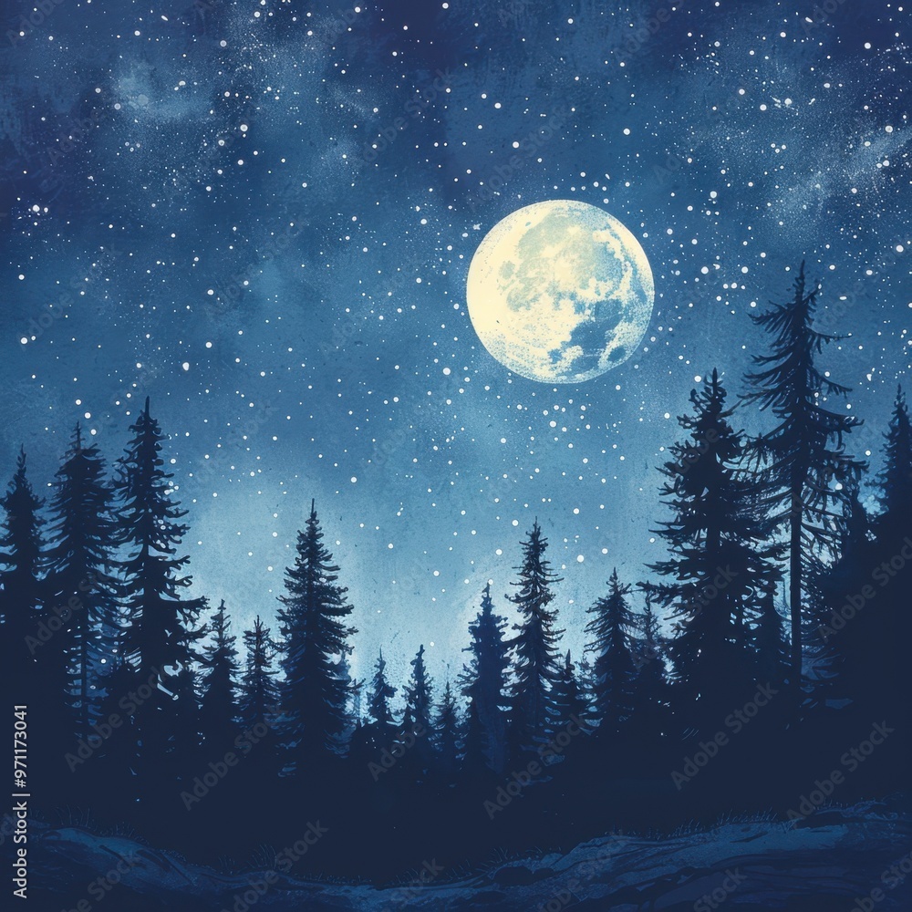 Fototapeta premium Serene Winter Solstice Night with Pine Forest and Starry Sky