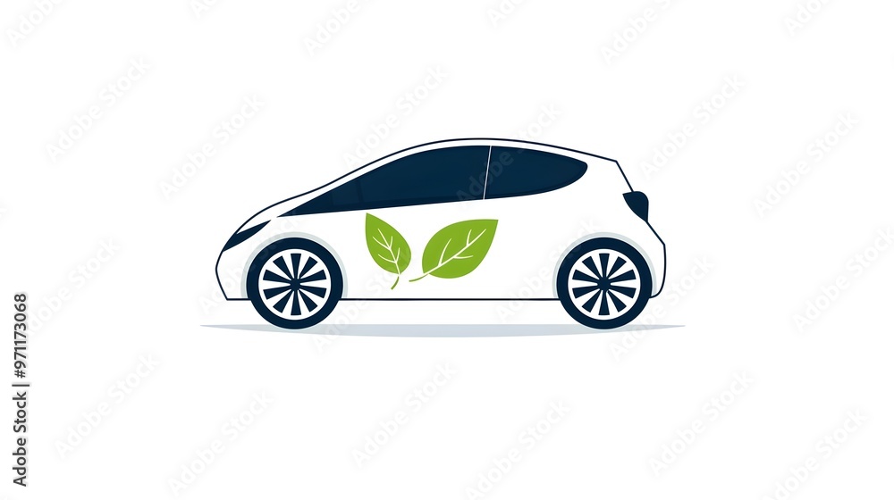 Fototapeta premium Minimalist Electric Car with Green Leaf Symbol on White Background