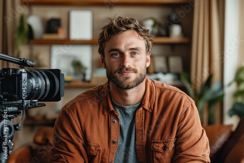 A bearded man is confidently engaging with the camera in a cozy home studio environment, showcasing creativity, professionalism, and modern content creation practices.