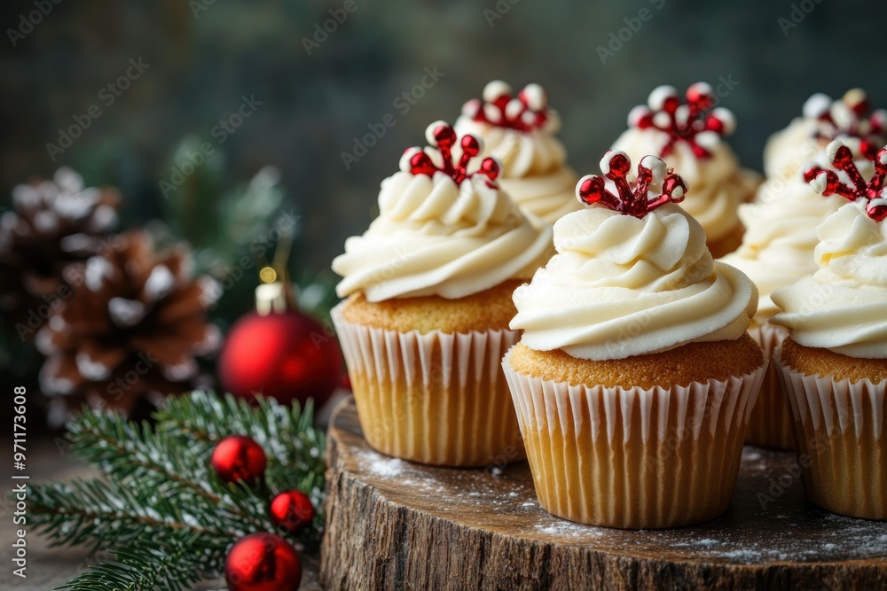 Festive Vanilla Cupcakes with Red Snowflake Decorations Festive Vanilla Cupcakes with Red Snowflake Decorations