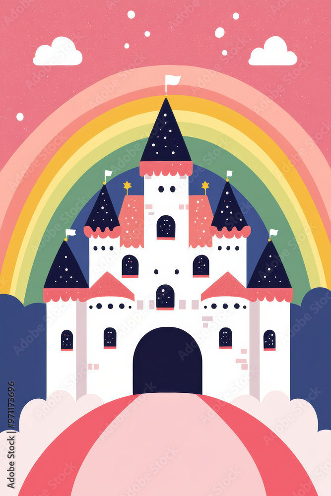 Fototapeta premium Whimsical illustration of a fairytale castle beneath a vibrant rainbow, set against a pink sky with clouds and stars.