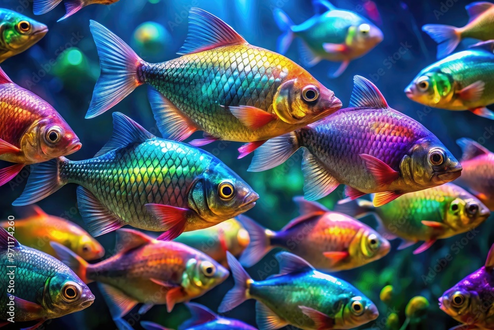 Vibrant iridescent fish with shimmering scales swim in unison, creating a mesmerizing underwater spectacle with a kaleidoscope of colors against a dark blue ocean background. Vibrant iridescent fish with shimmering scales swim in unison, creating a mesmerizing underwater spectacle with a kaleidoscope of colors against a dark blue ocean background.