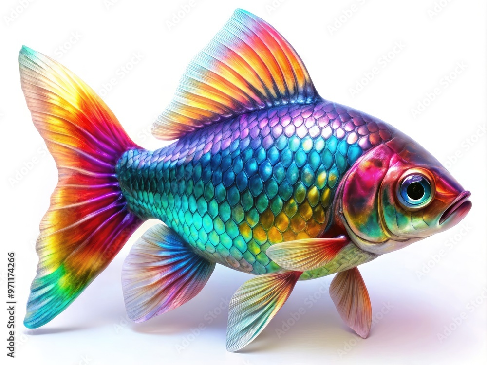 Vibrant, iridescent fish with shimmering scales in a mesmerizing rainbow of colors, swimming against a soft, white background, symbolizing beauty, diversity, and aquatic wonder. Vibrant, iridescent fish with shimmering scales in a mesmerizing rainbow of colors, swimming against a soft, white background, symbolizing beauty, diversity, and aquatic wonder.