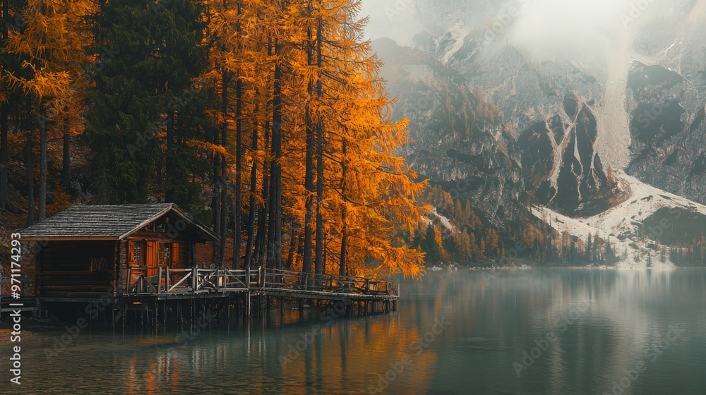 Fototapeta premium A cabin is on a dock by a lake