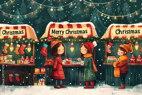 Vibrant Christmas Market Scene with Holiday Stalls and Twinkling Lights

