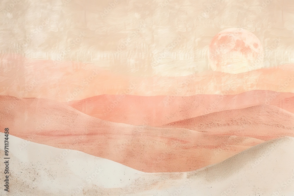 Fototapeta premium A painting of a mountain range with a large moon in the sky. The painting has a warm, earthy tone and a sense of tranquility.