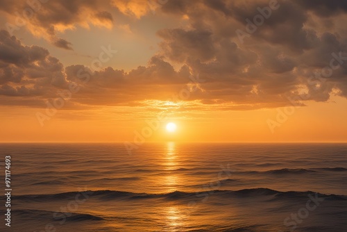 A beautiful golden sunset shimmering over a calm ocean with the horizon glowing, AI Generated