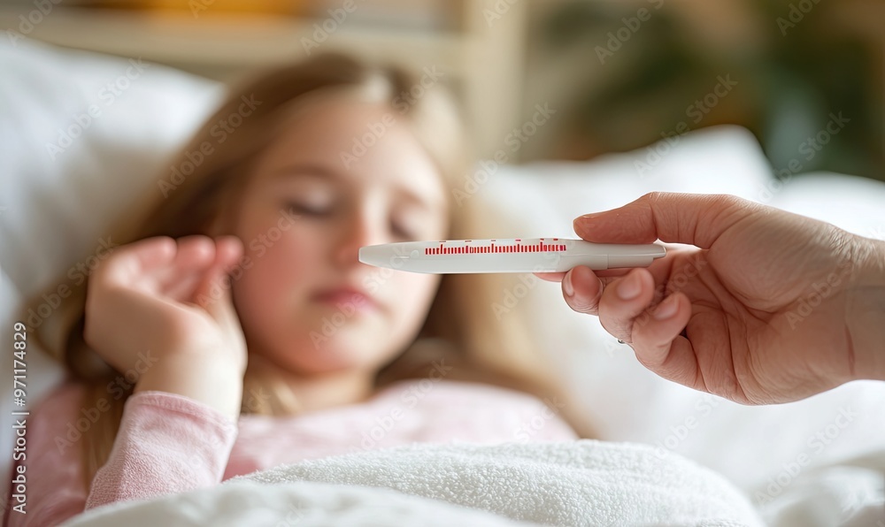 A caregiver checks a thermometer for a sick child resting in bed. A caregiver checks a thermometer for a sick child resting in bed.