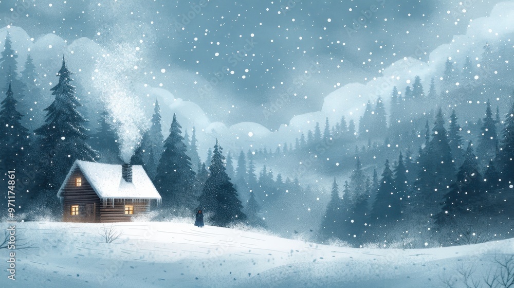 Cozy Winter Wonderland with Snow-Covered Cabin and Pine Trees
Cozy Winter Wonderland with Snow-Covered Cabin and Pine Trees