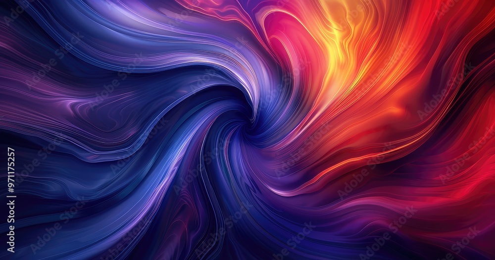 Fototapeta premium A vibrant abstract swirl of colors, blending deep blues, purples, and fiery oranges, creating a dynamic and fluid visual effect.