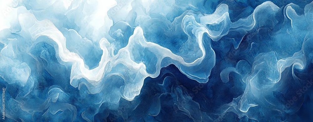 Soft, abstract watercolor painting in deep blue tones with swirling patterns and light white accents, creating a fluid and calming background texture Soft, abstract watercolor painting in deep blue tones with swirling patterns and light white accents, creating a fluid and calming background texture