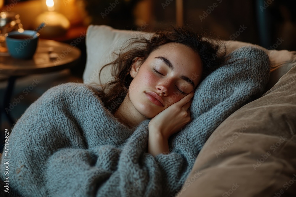 An individual is lying comfortably under a gray blanket on a sofa, creating a cozy and relaxed atmosphere inside a warmly lit room, with a cup in the background. An individual is lying comfortably under a gray blanket on a sofa, creating a cozy and relaxed atmosphere inside a warmly lit room, with a cup in the background.
