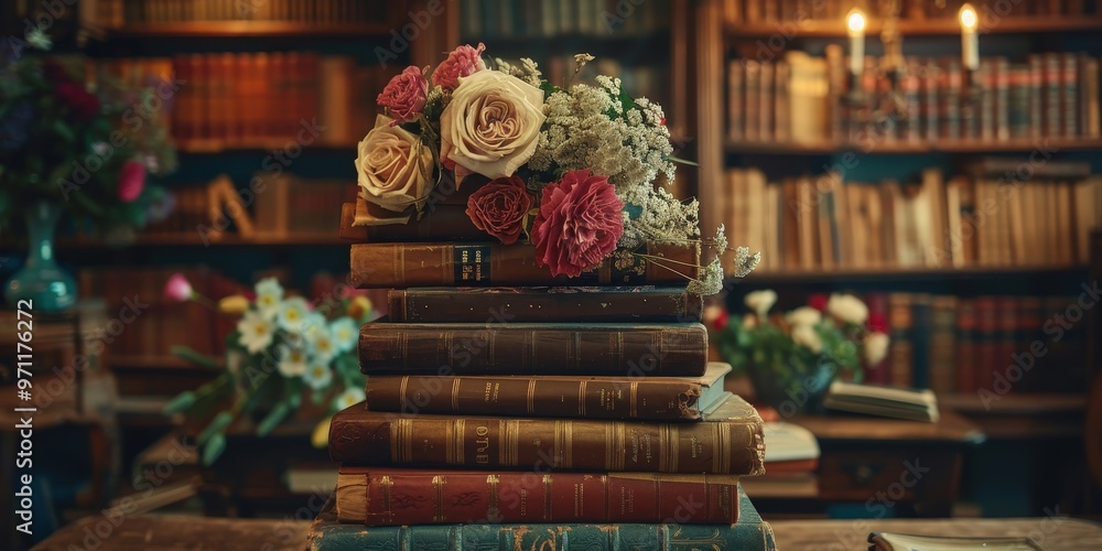 Fototapeta premium Stacked vintage books adorned with fresh flowers in a cozy library setting during the afternoon. Generative AI