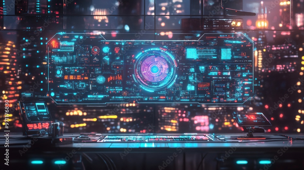 Obraz premium Futuristic control panel with a vibrant city backdrop, showcasing advanced technology.