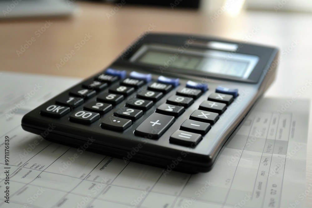 Black calculator lying on spreadsheet with numbers on wooden desk in the office, business concept Black calculator lying on spreadsheet with numbers on wooden desk in the office, business concept