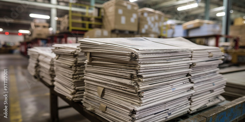 Stacks of Freshly Printed Newspapers in an Industrial Printing Facility photo