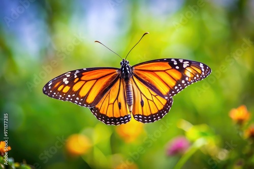 Vibrant monarch butterfly with delicate orange and black wings flapping rapidly as it takes flight against a soft, blurred background with subtle greenery.