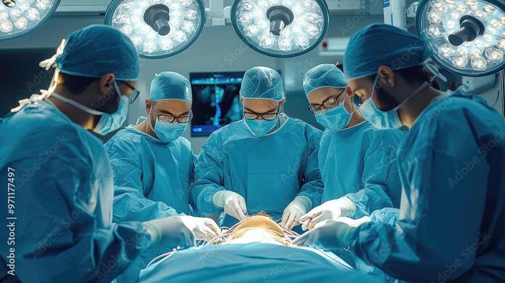 A surgical team performing an operation in a sterile environment.