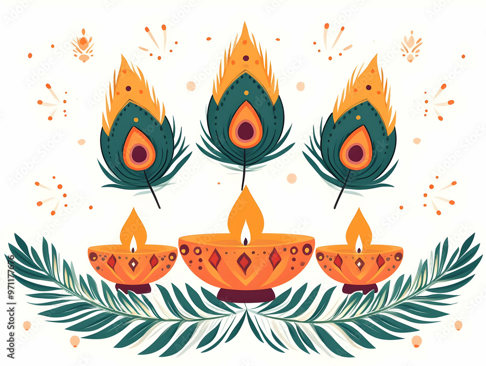 Fototapeta premium Elegant Flat Diwali Lanterns & Peacock Feathers Border Frame Design with Traditional Wording | Ample Copy Space for Festive Text & Imagery