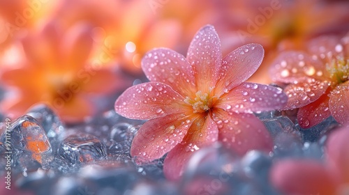 Close-up of pink flowers with water droplets on a textured surface.