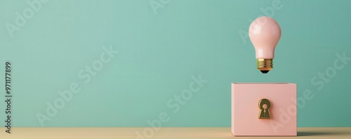 A creative light bulb hovering above a pink box with a keyhole, symbolizing ideas and innovation in a minimalist setting. Isolate on clean background, space for text photo