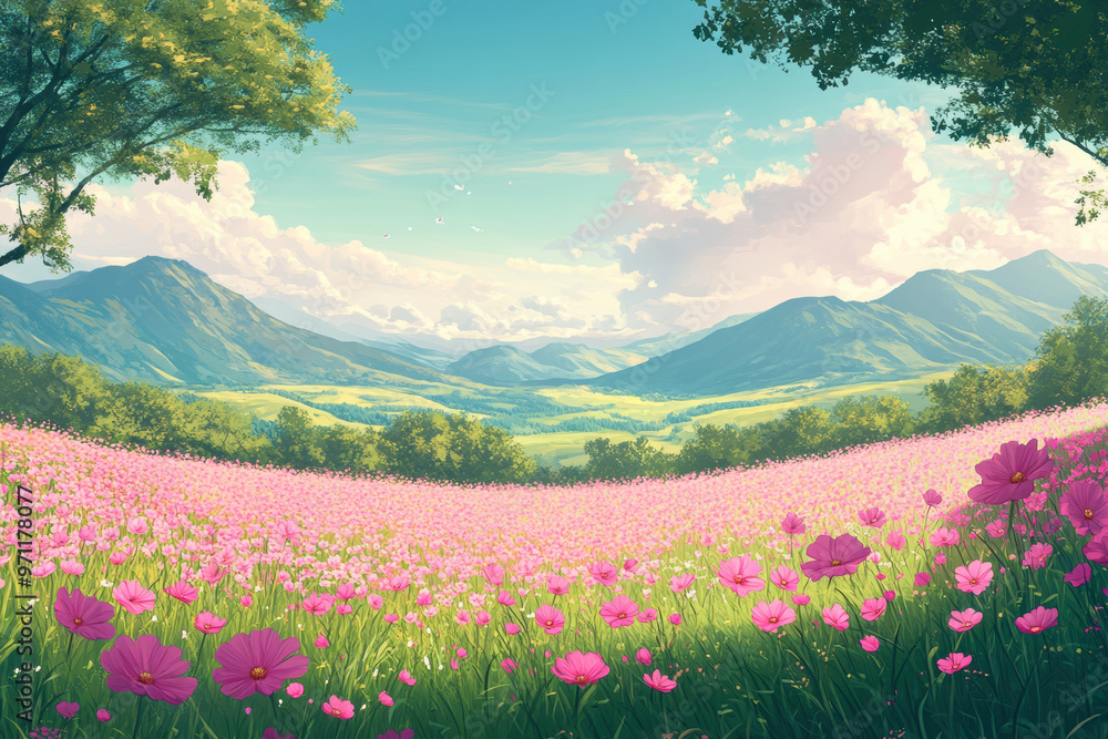 Idyllic countryside with vibrant pink wildflowers, lush green hills, and mountains under a bright blue sky with fluffy clouds. Perfect for nature enthusiasts. Idyllic countryside with vibrant pink wildflowers, lush green hills, and mountains under a bright blue sky with fluffy clouds. Perfect for nature enthusiasts.