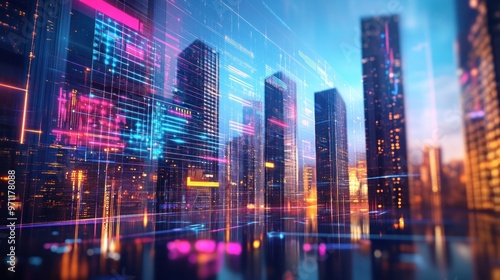 A futuristic cityscape with glowing skyscrapers and digital elements.