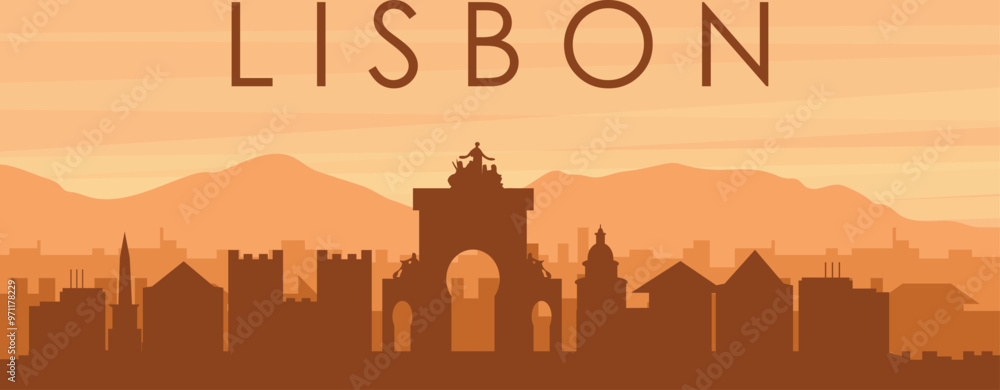 Brown panoramic poster of the city skyline with misty background buildings, sunrise, clouds and mountains of LISBON, PORTUGAL Brown panoramic poster of the city skyline with misty background buildings, sunrise, clouds and mountains of LISBON, PORTUGAL