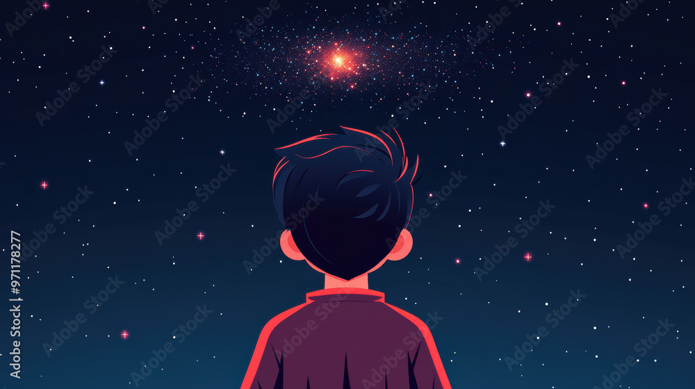 Fototapeta premium Illustration of a child staring at a distant starry sky, filled with curiosity and wonder under the serene night ambiance