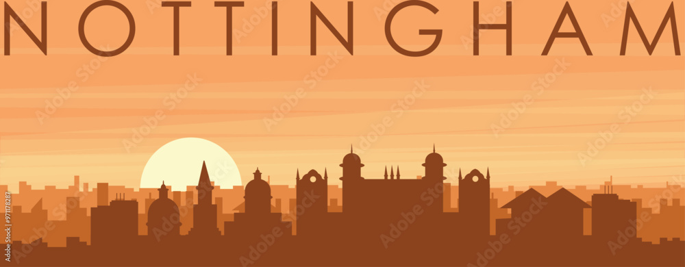 Brown panoramic poster of the city skyline with misty background buildings, sunrise, clouds and mountains of NOTTINGHAM, UNITED KINGDOM Brown panoramic poster of the city skyline with misty background buildings, sunrise, clouds and mountains of NOTTINGHAM, UNITED KINGDOM