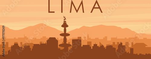 Brown panoramic poster of the city skyline with misty background buildings, sunrise, clouds and mountains of LIMA, PERU