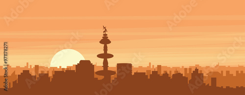 Brown panoramic poster of the city skyline with misty background buildings, sunrise, clouds and mountains of LIMA, PERU