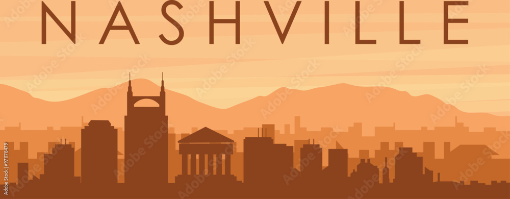 Brown panoramic poster of the city skyline with misty background buildings, sunrise, clouds and mountains of NASHVILLE, UNITED STATES Brown panoramic poster of the city skyline with misty background buildings, sunrise, clouds and mountains of NASHVILLE, UNITED STATES