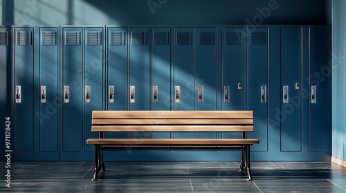 Photorealistic Blue Metal School Lockers with Wooden Bench in Sports Hall. AI generated illustration