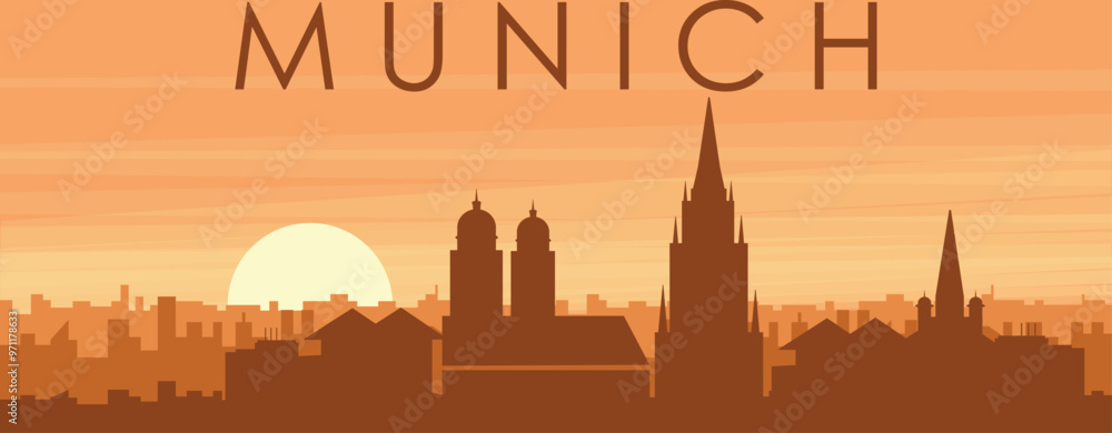 Brown panoramic poster of the city skyline with misty background buildings, sunrise, clouds and mountains of MUNICH, GERMANY Brown panoramic poster of the city skyline with misty background buildings, sunrise, clouds and mountains of MUNICH, GERMANY