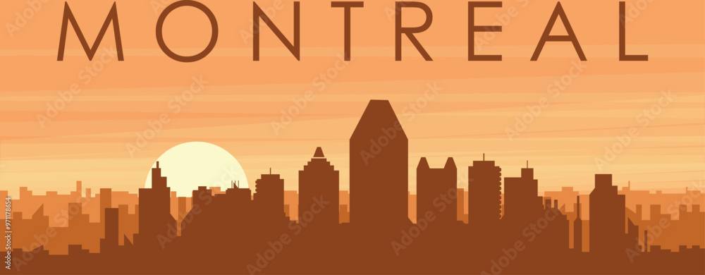 Brown panoramic poster of the city skyline with misty background buildings, sunrise, clouds and mountains of MONTREAL, CANADA