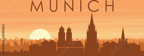 Brown panoramic poster of the city skyline with misty background buildings, sunrise, clouds and mountains of MUNICH, GERMANY