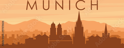 Brown panoramic poster of the city skyline with misty background buildings, sunrise, clouds and mountains of MUNICH, GERMANY