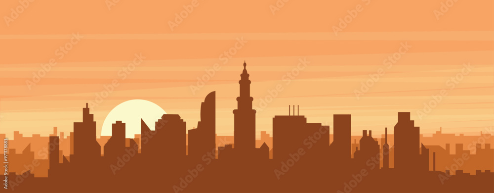 Brown panoramic poster of the city skyline with misty background buildings, sunrise, clouds and mountains of MIAMI, UNITED STATES Brown panoramic poster of the city skyline with misty background buildings, sunrise, clouds and mountains of MIAMI, UNITED STATES