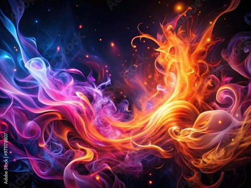 Vibrant neon flames engulf a dark background, swirling tendrils of orange, pink, and purple fire illuminate the surroundings with an otherworldly, mesmerizing glow.