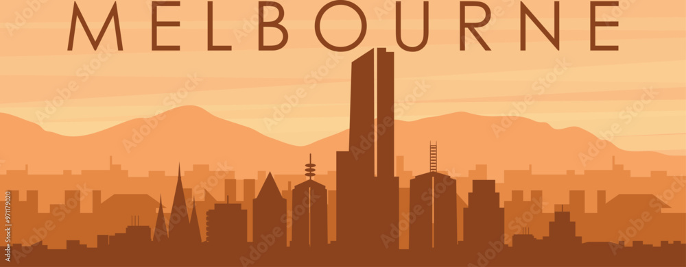 Brown panoramic poster of the city skyline with misty background buildings, sunrise, clouds and mountains of MELBOURNE, AUSTRALIA Brown panoramic poster of the city skyline with misty background buildings, sunrise, clouds and mountains of MELBOURNE, AUSTRALIA