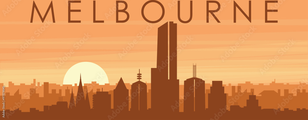 Brown panoramic poster of the city skyline with misty background buildings, sunrise, clouds and mountains of MELBOURNE, AUSTRALIA Brown panoramic poster of the city skyline with misty background buildings, sunrise, clouds and mountains of MELBOURNE, AUSTRALIA