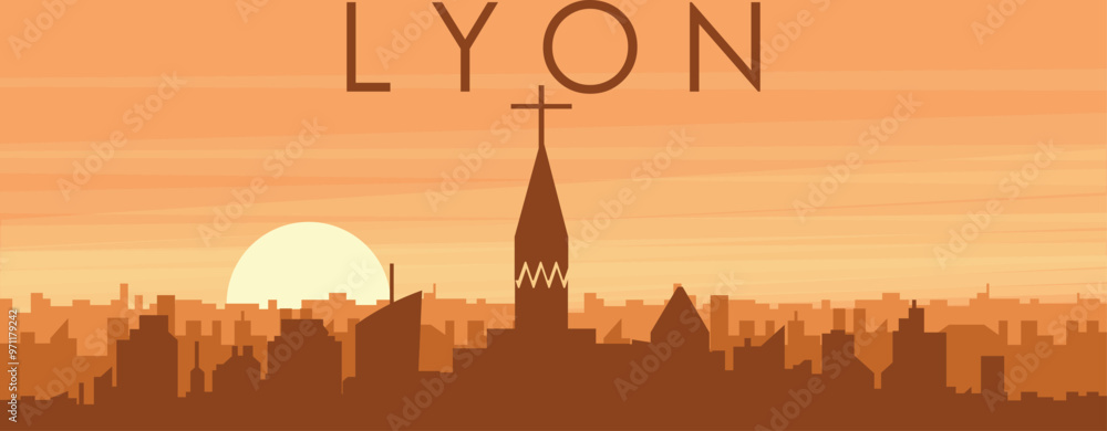 Brown panoramic poster of the city skyline with misty background buildings, sunrise, clouds and mountains of LYON, FRANCE Brown panoramic poster of the city skyline with misty background buildings, sunrise, clouds and mountains of LYON, FRANCE