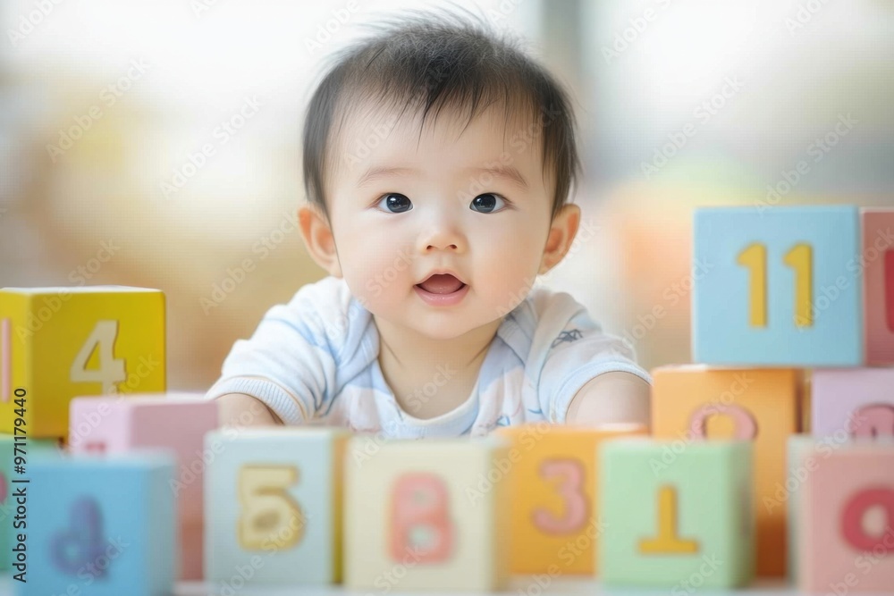 Baby playing with educational blocks featuring number Baby playing with educational blocks featuring number