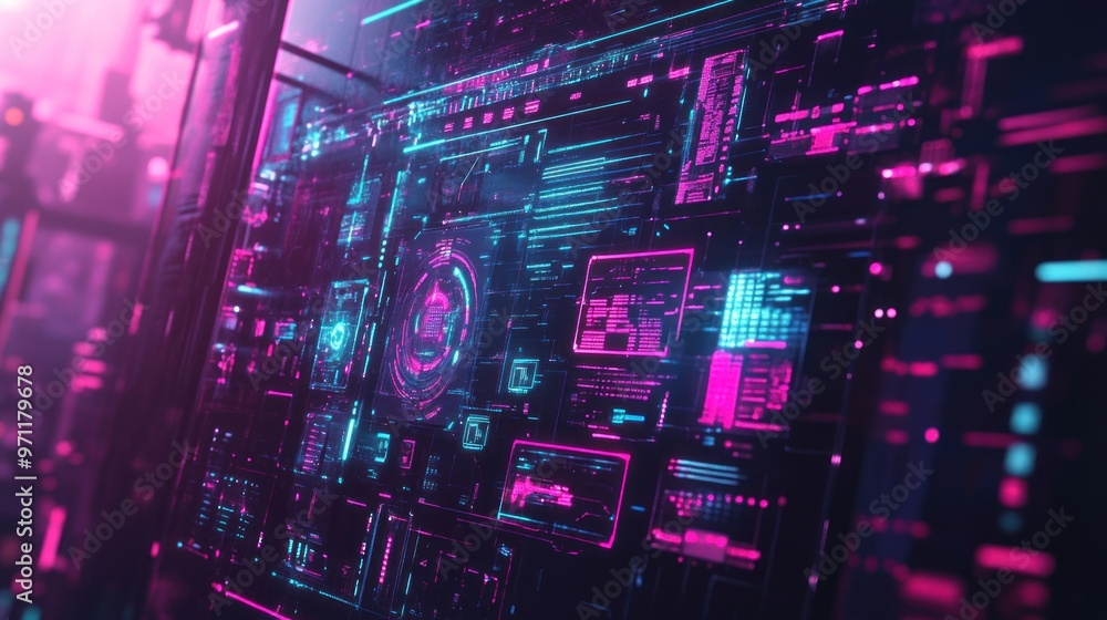 A futuristic digital interface with vibrant colors and complex data visualization. A futuristic digital interface with vibrant colors and complex data visualization.